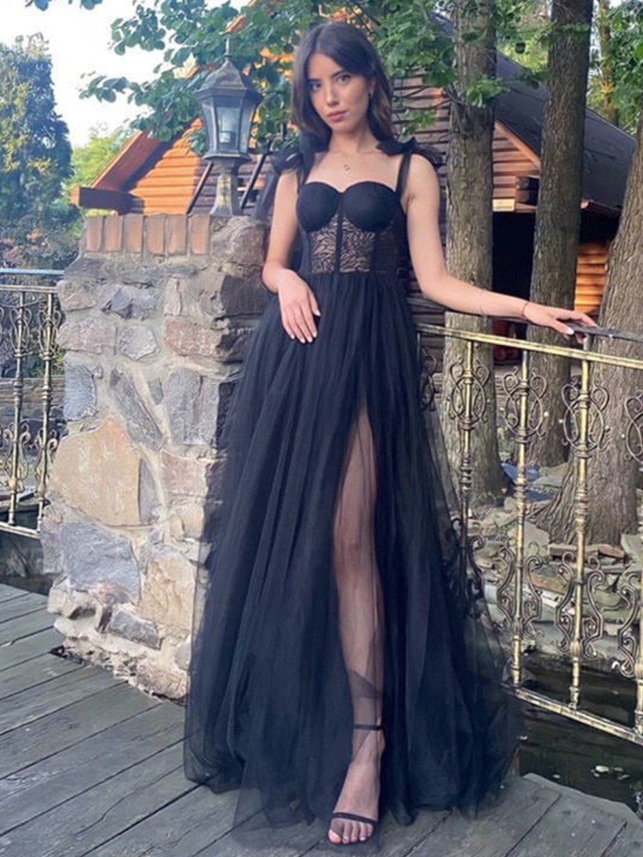 Maebi | A - line Black Lace Corset Tulle Long Prom Dress - KissProm