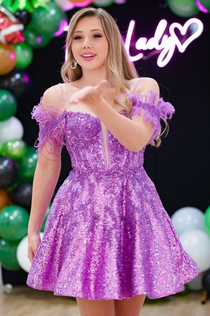 Magenta Sequin Feather Cold - Shoulder A - Line Short Dress - KissProm