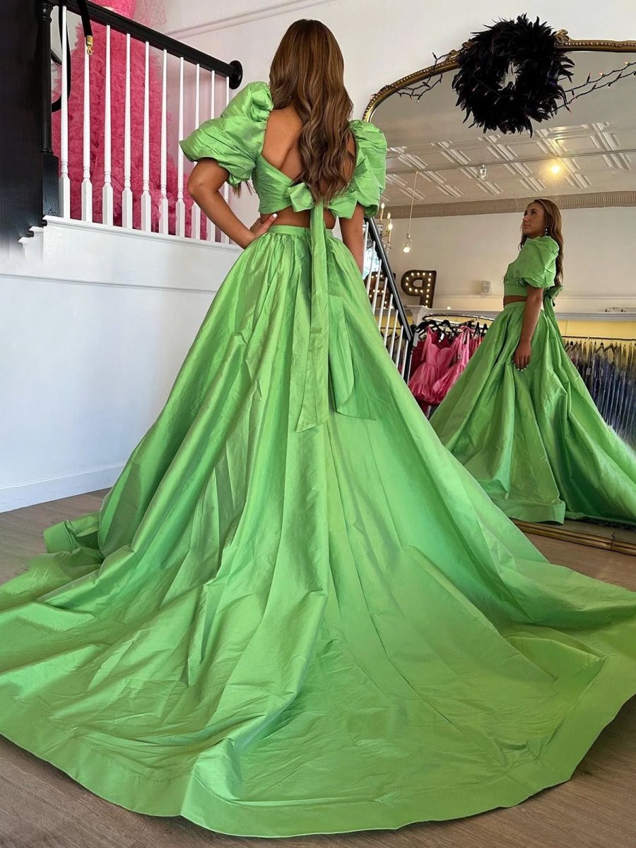 Makai | Green Two - Piece Puff Sleeves Satin Long Prom Dress With Split - KissProm