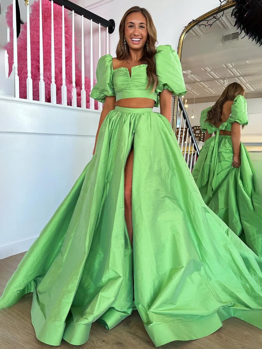 Makai | Green Two - Piece Puff Sleeves Satin Long Prom Dress With Split - KissProm