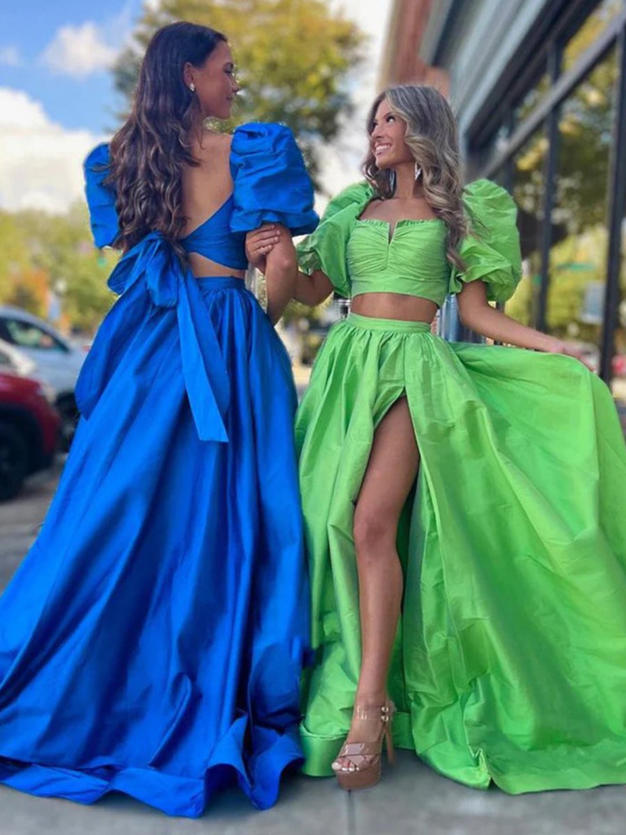 Makai | Green Two - Piece Puff Sleeves Satin Long Prom Dress With Split - KissProm