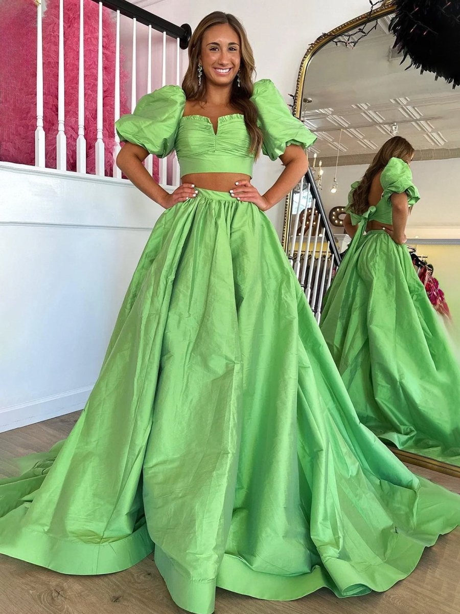 Makai | Green Two - Piece Puff Sleeves Satin Long Prom Dress With Split - KissProm