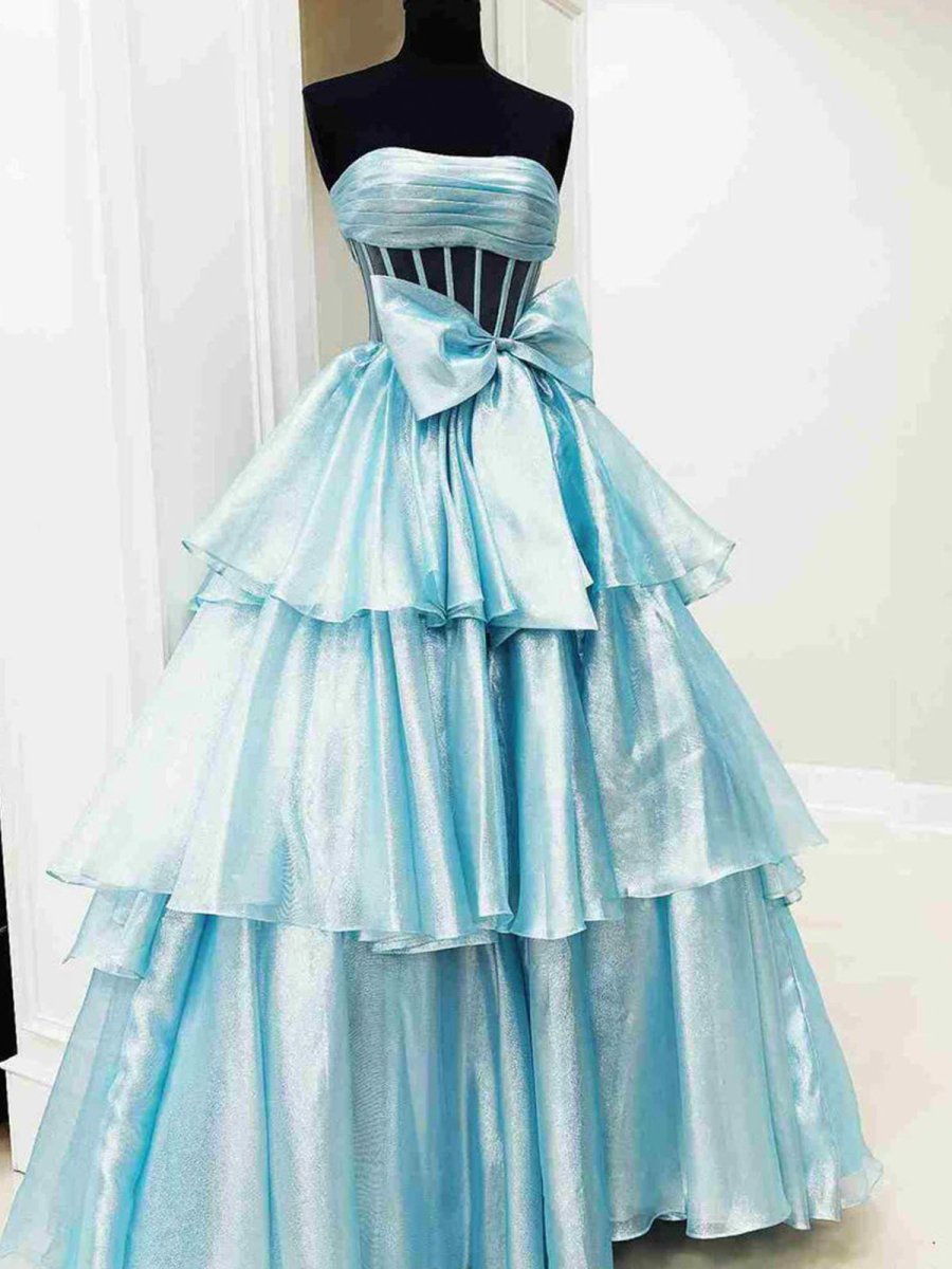 Malvis | Ball Gown Strapless Organza Long Prom Dresses with Bow - KissProm