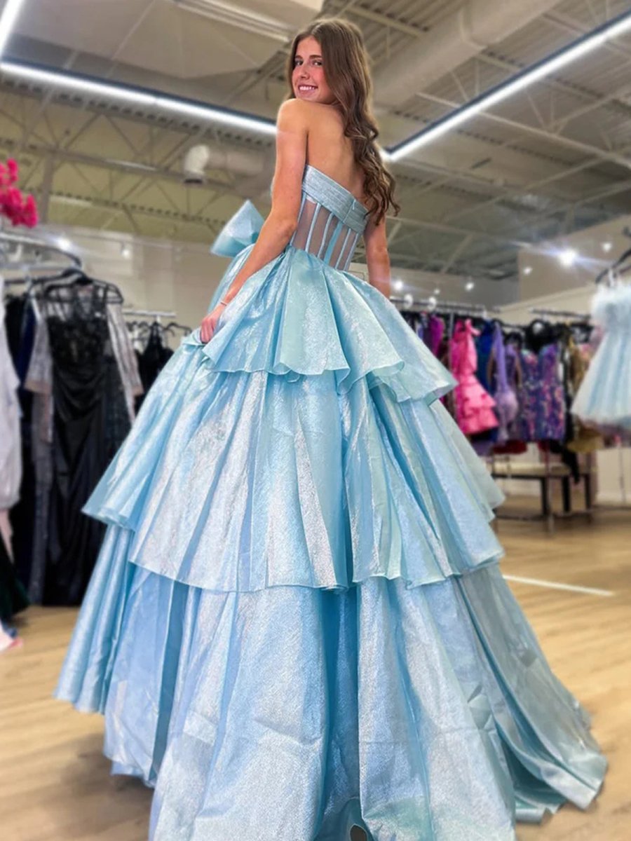 Malvis | Ball Gown Strapless Organza Long Prom Dresses with Bow - KissProm