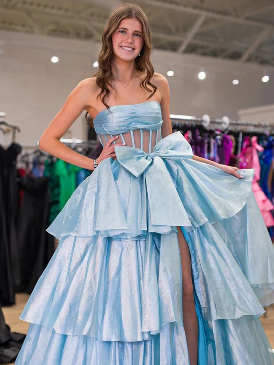 Malvis | Ball Gown Strapless Organza Long Prom Dresses with Bow - KissProm