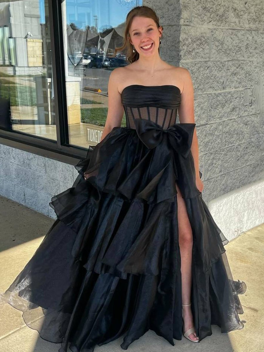 Malvis | Ball Gown Strapless Organza Long Prom Dresses with Bow - KissProm