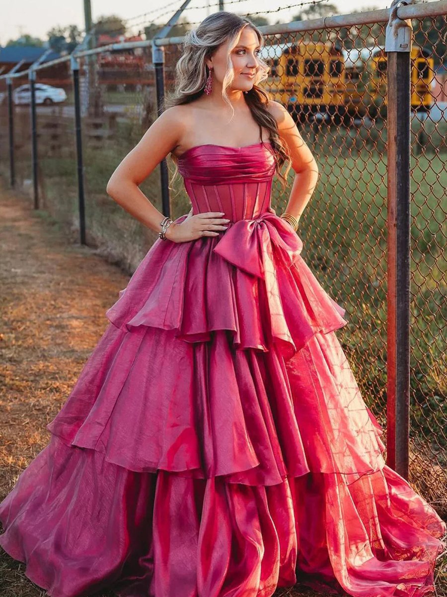 Malvis | Ball Gown Strapless Organza Long Prom Dresses with Bow - KissProm