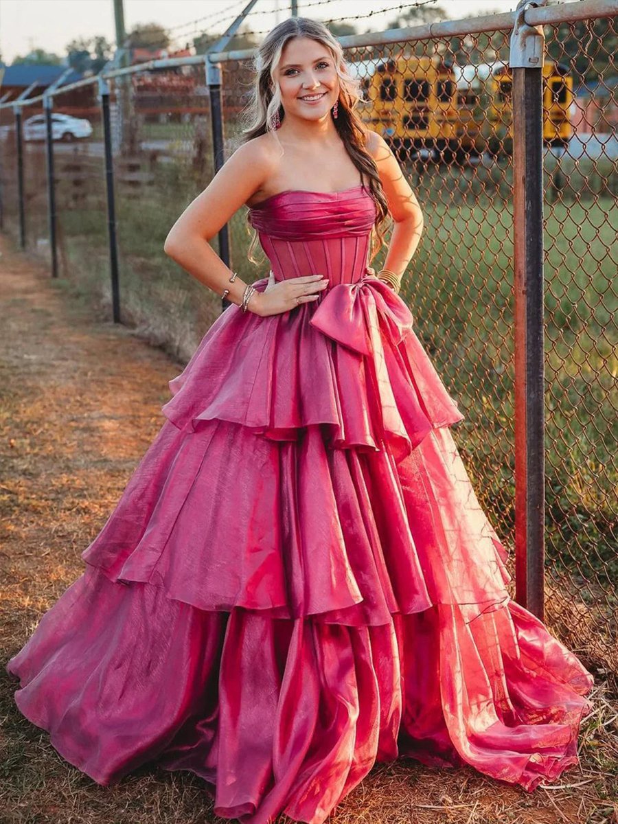 Malvis | Ball Gown Strapless Organza Long Prom Dresses with Bow - KissProm