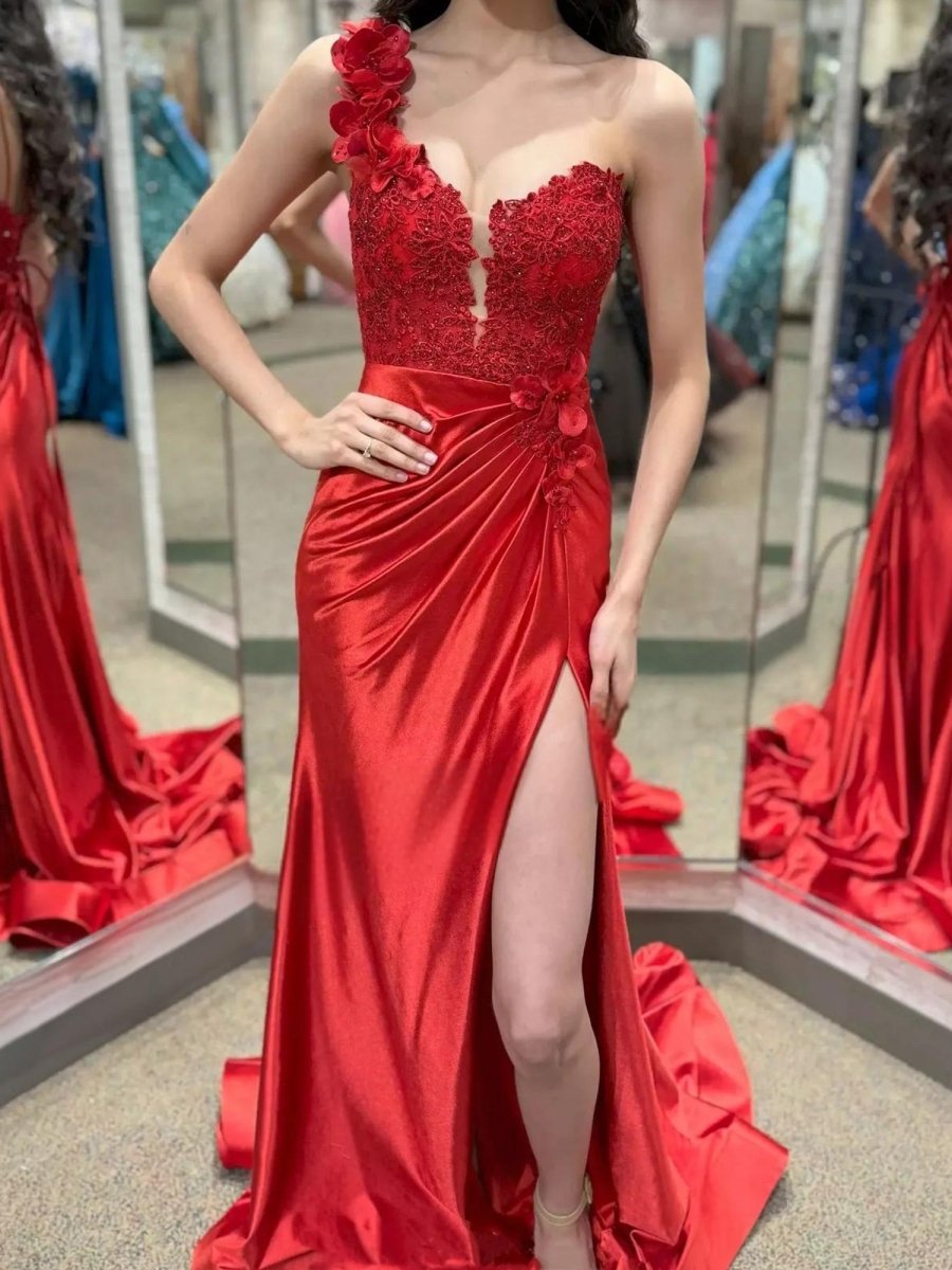 Mandel|Red One - Shoulder 3D Floral Lace Pleated Long Gown with Slit - KissProm