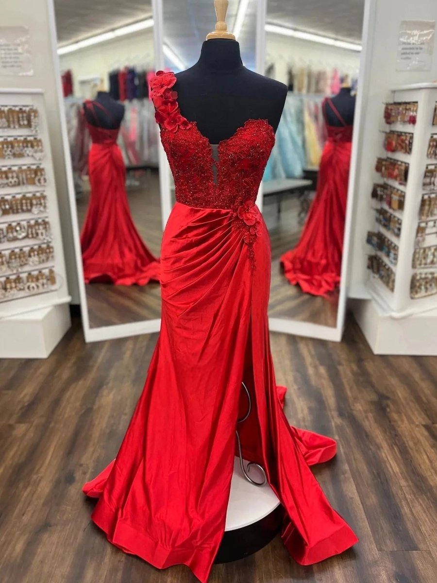 Mandel|Red One - Shoulder 3D Floral Lace Pleated Long Gown with Slit - KissProm