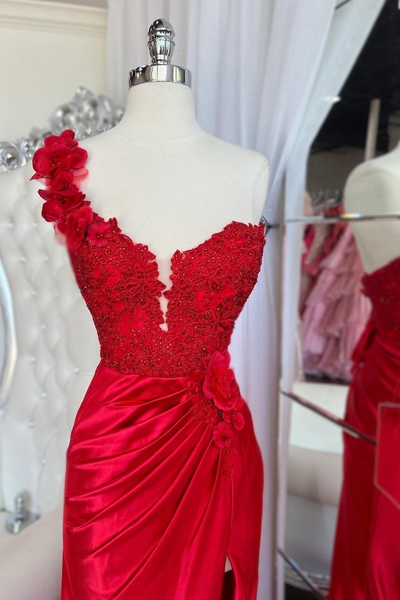 Mandel|Red One - Shoulder 3D Floral Lace Pleated Long Gown with Slit - KissProm