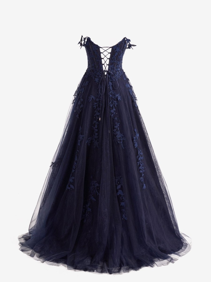 Mariana |Navy Blue A - line Sweetheart Lace Tulle Prom Dress with Slit - KissProm