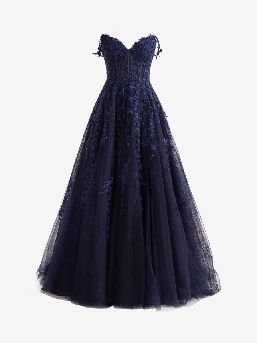 Mariana |Navy Blue A - line Sweetheart Lace Tulle Prom Dress with Slit - KissProm