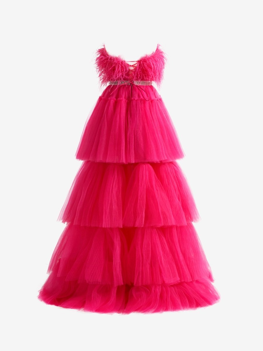 Marie| Fuchsia A - line High - Low Strapless Ruffled Tulle Prom Dress with Feathers - KissProm