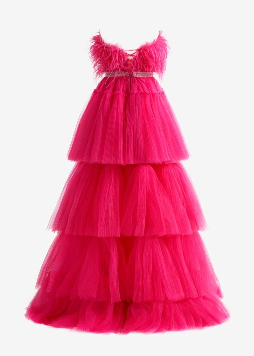 Marie| A - line High - Low Strapless Ruffled Tulle Prom Dress with Feathers - KissProm