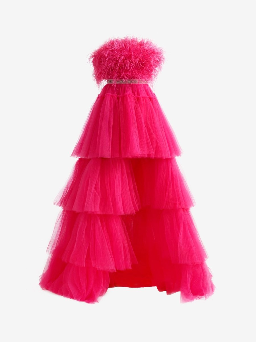 Marie| Fuchsia A - line High - Low Strapless Ruffled Tulle Prom Dress with Feathers - KissProm