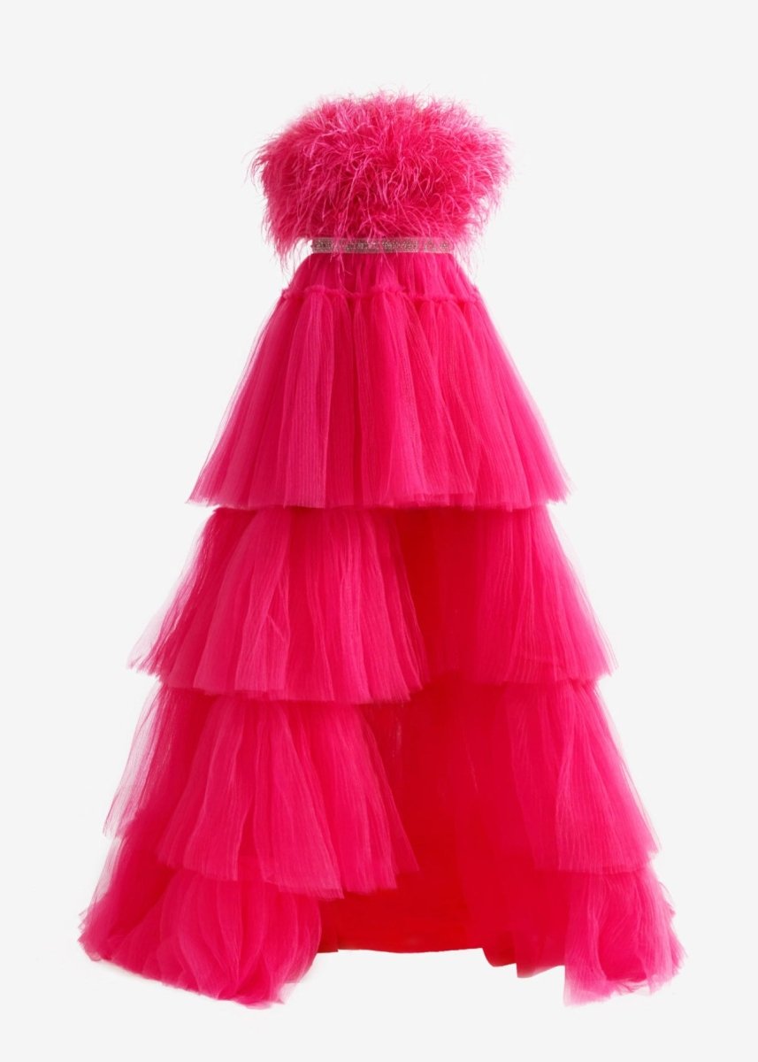 Marie| A - line High - Low Strapless Ruffled Tulle Prom Dress with Feathers - KissProm