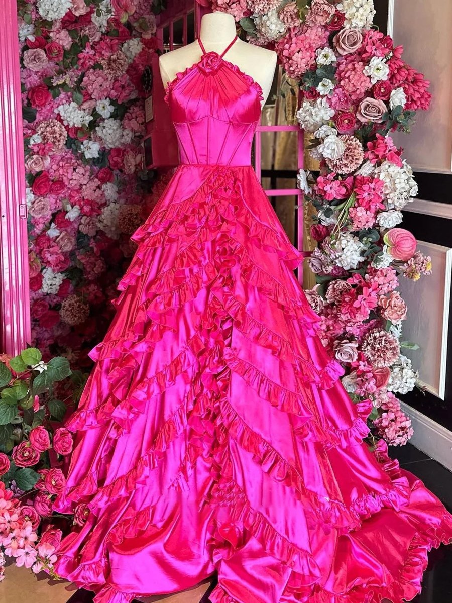 Markel | Fuchsia Halter Neck Tiered Ruffles Long Prom Dress - KissProm