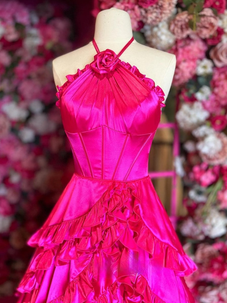 Markel | Fuchsia Halter Neck Tiered Ruffles Long Prom Dress - KissProm