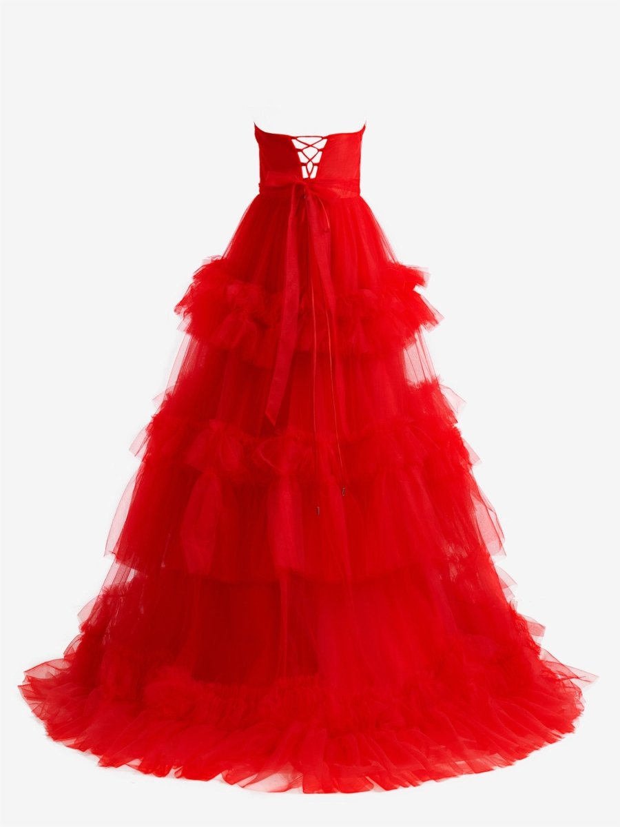 Matilda |Red A - Line Strapless Ruffled Tulle Evening Dress - KissProm