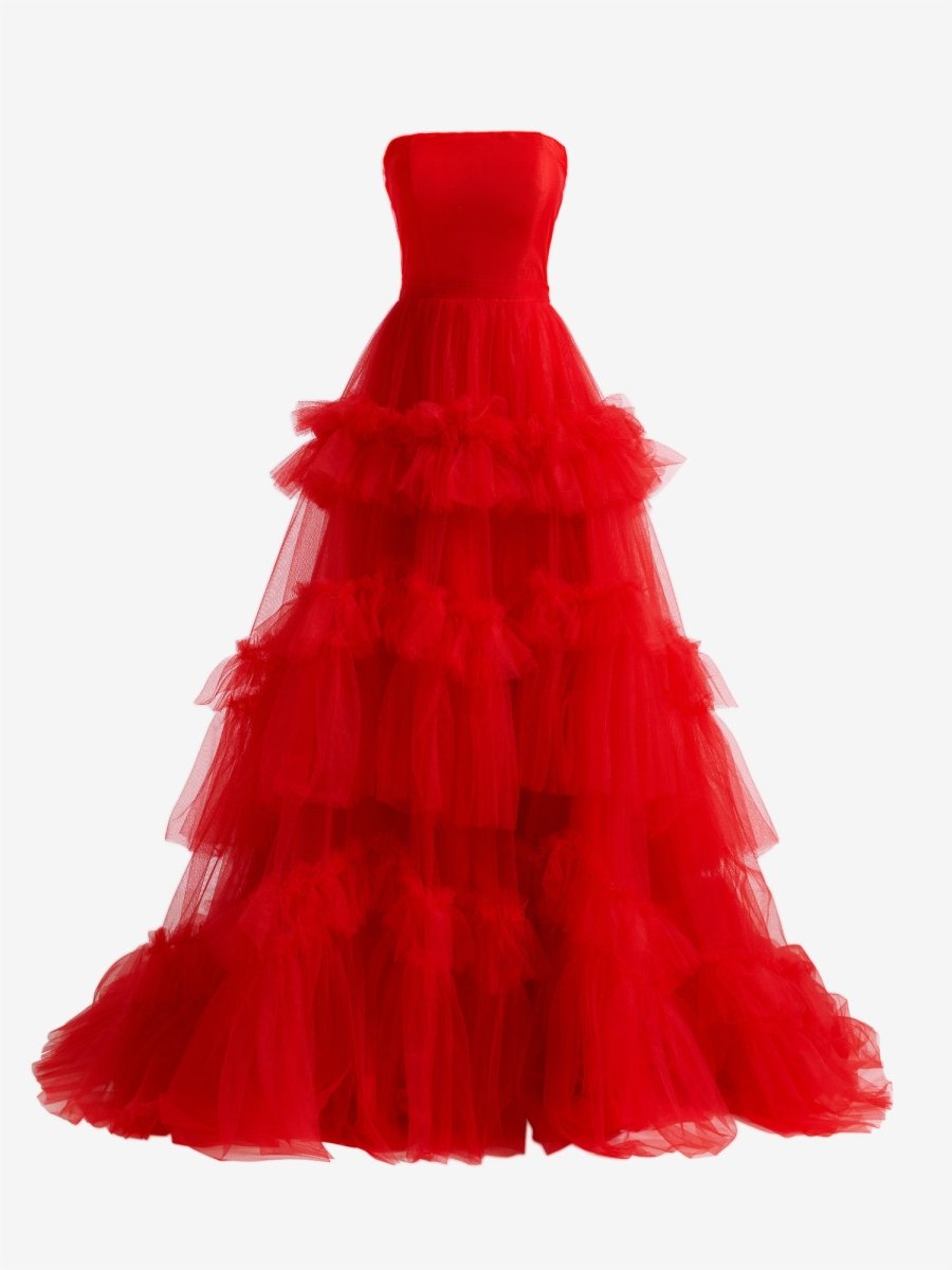 Matilda |Red A - Line Strapless Ruffled Tulle Evening Dress - KissProm