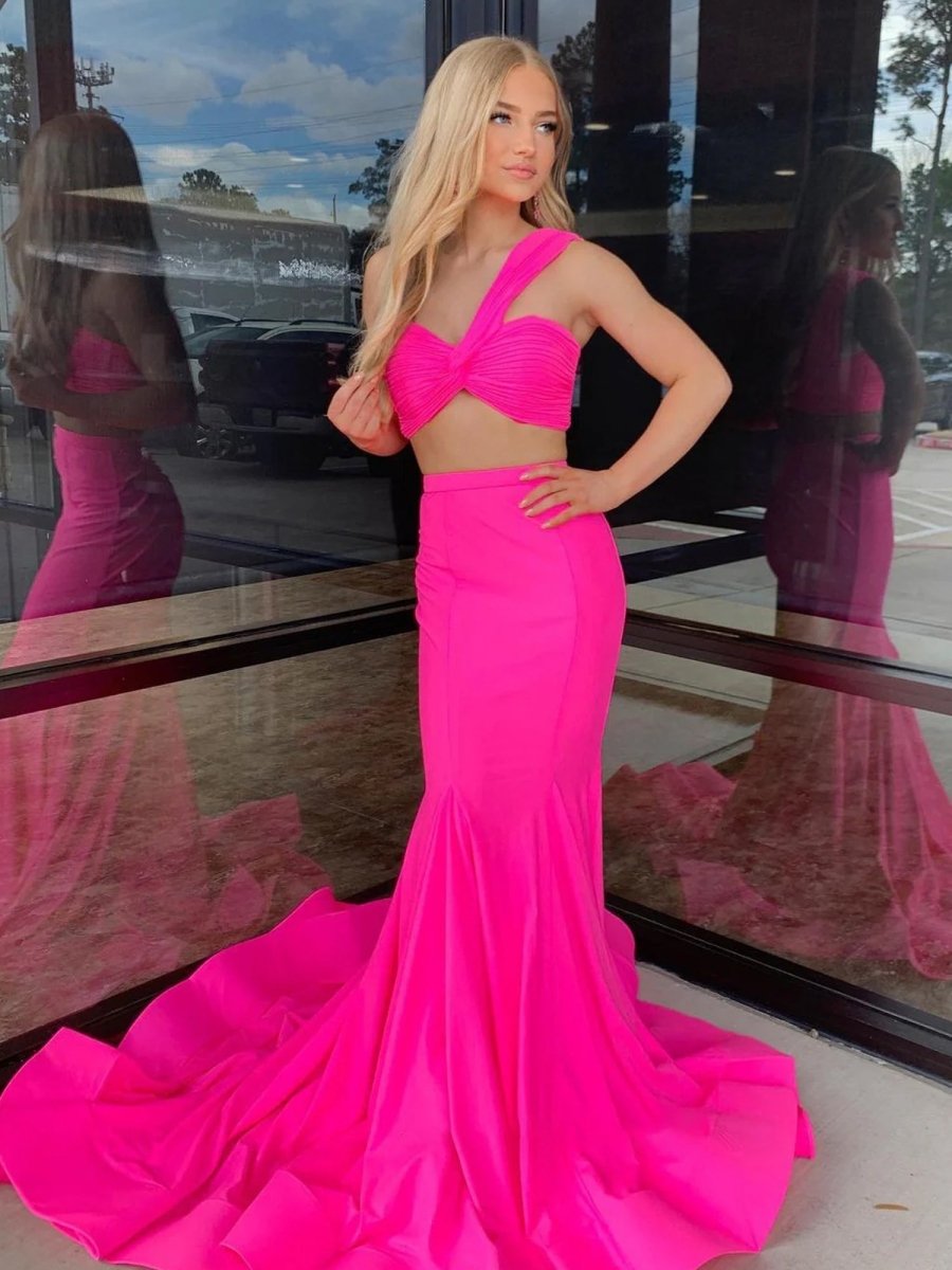 Maven | Hot Pink Two Piece One Shoulder Satin Mermaid Prom Dress - KissProm