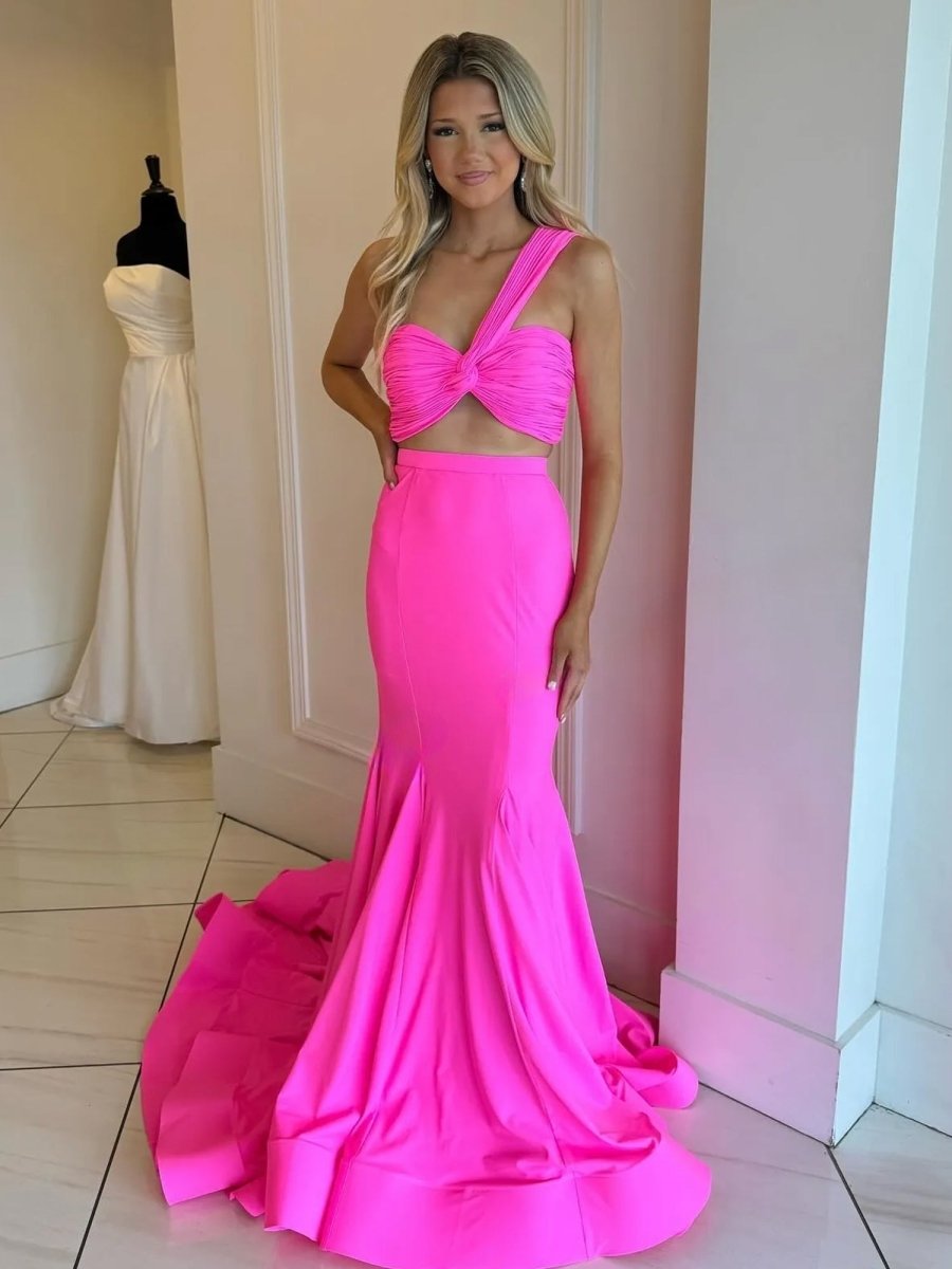 Maven | Hot Pink Two Piece One Shoulder Satin Mermaid Prom Dress - KissProm