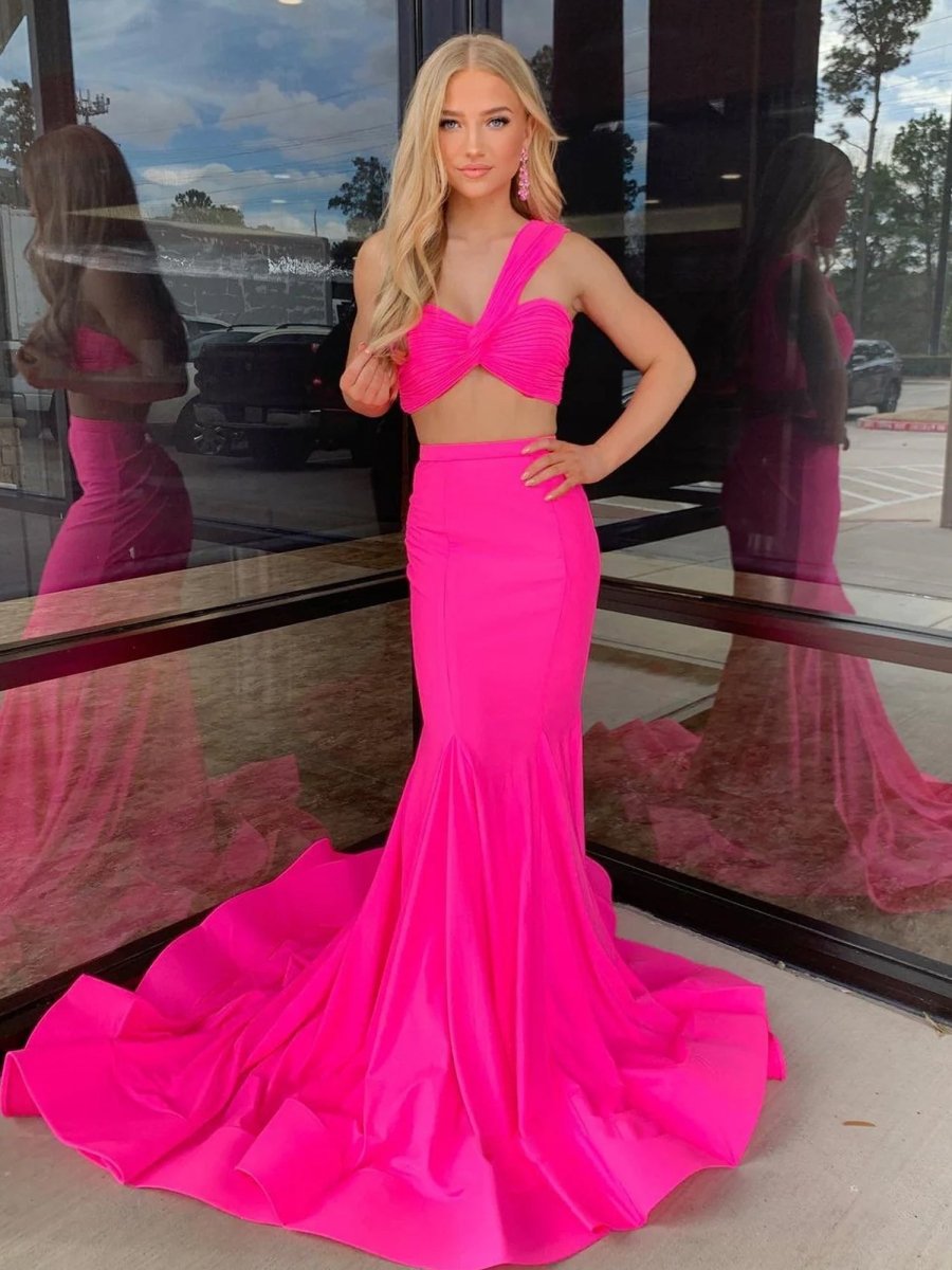 Maven | Hot Pink Two Piece One Shoulder Satin Mermaid Prom Dress - KissProm