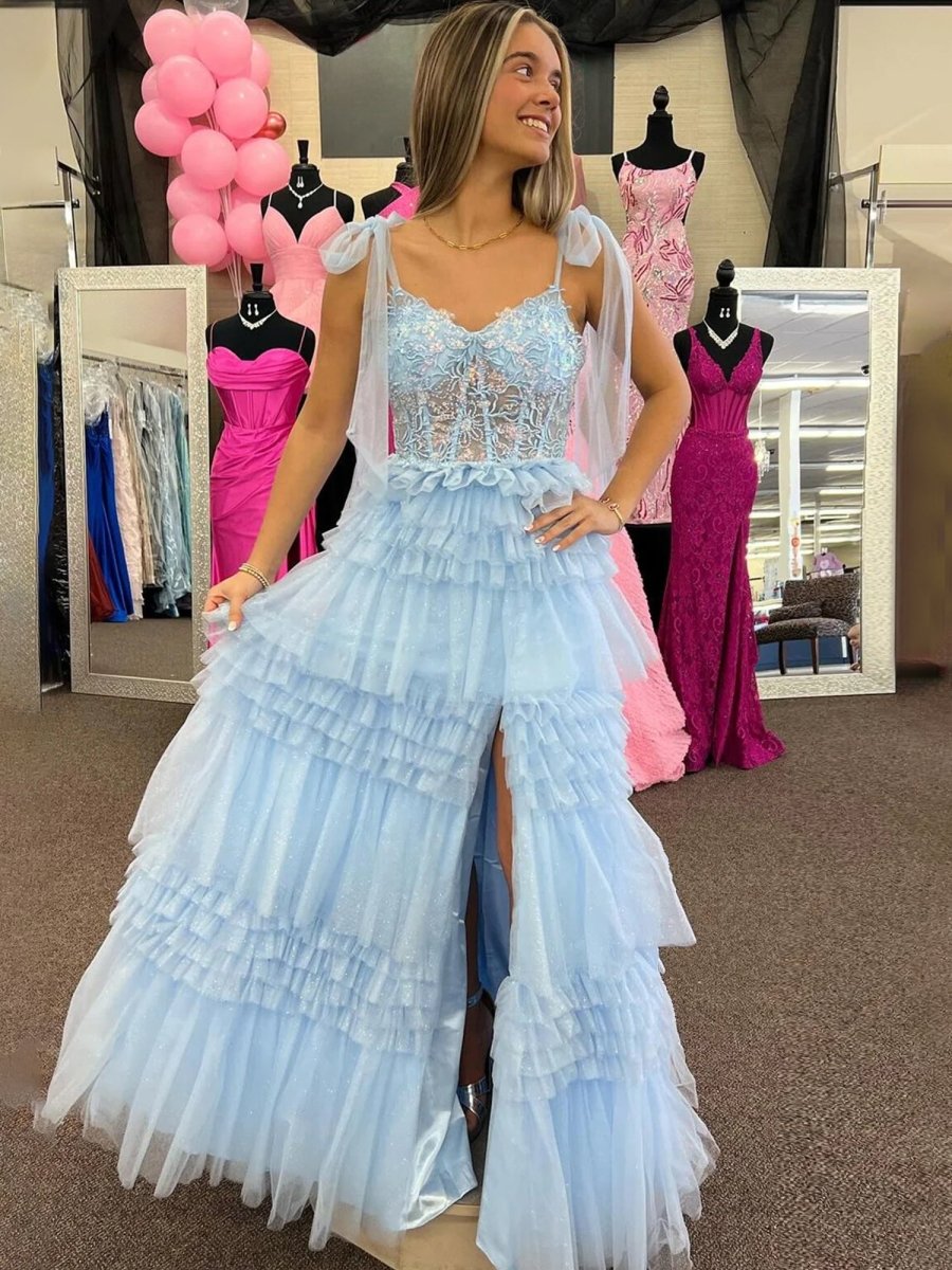 Maylie | Sky Blue Sequines A - line Tulle Prom Dress With Appliques - KissProm