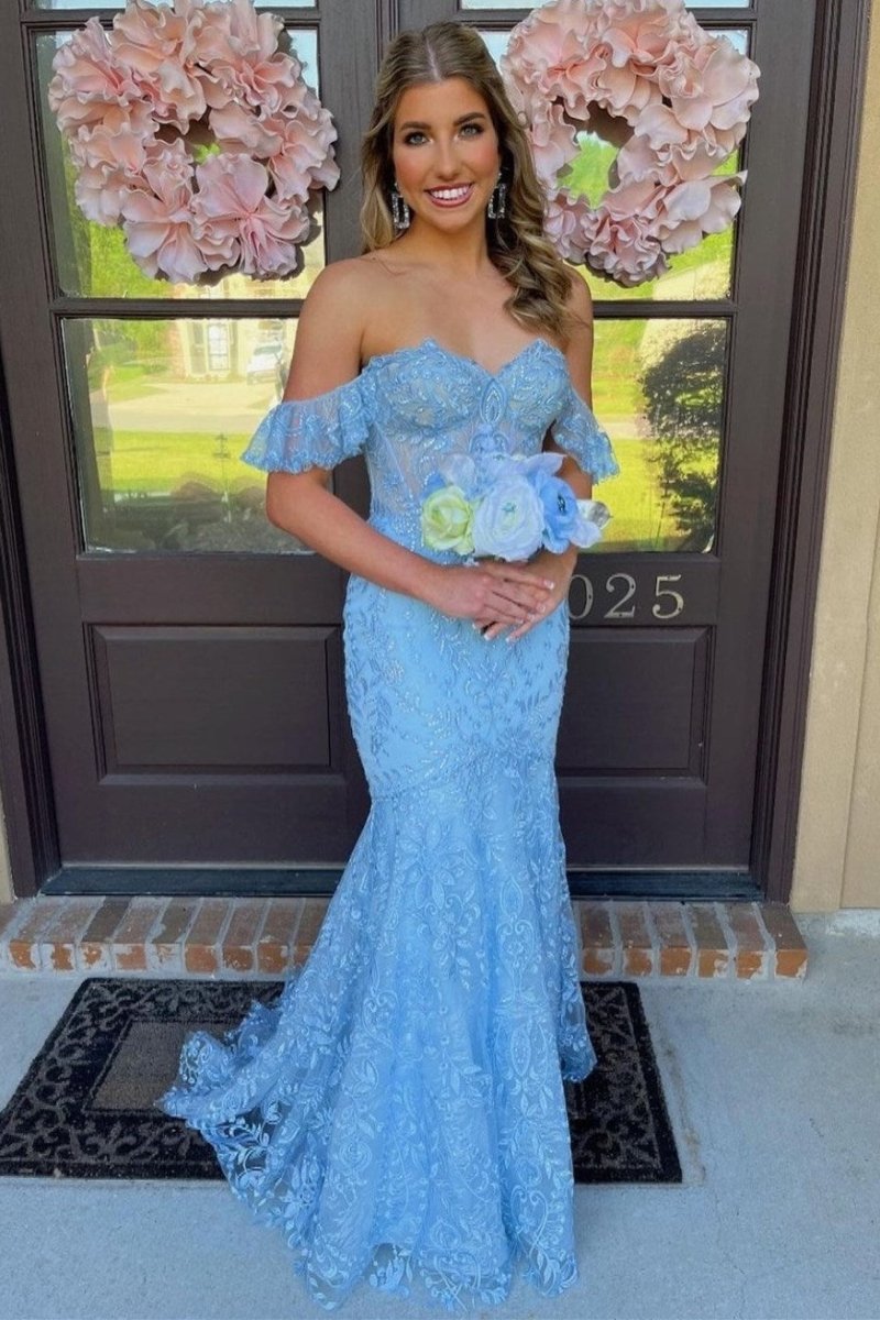 Mckail | Blue Floral Lace Off - the - Shoulder Ruffle Long Prom Dress - KissProm