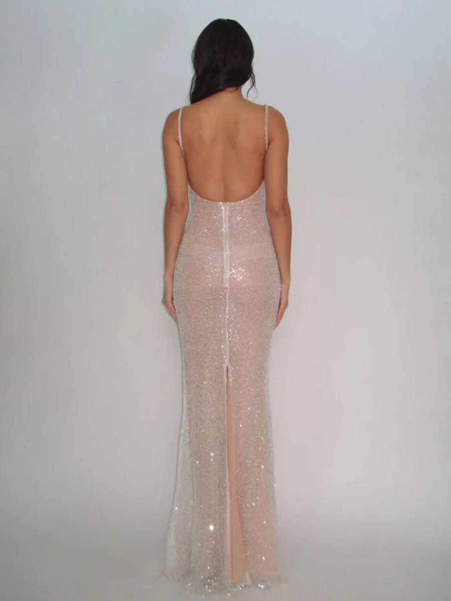 McKoye| Simple Pink Mermaid Straps Sequin Prom Dresses With Split - KissProm