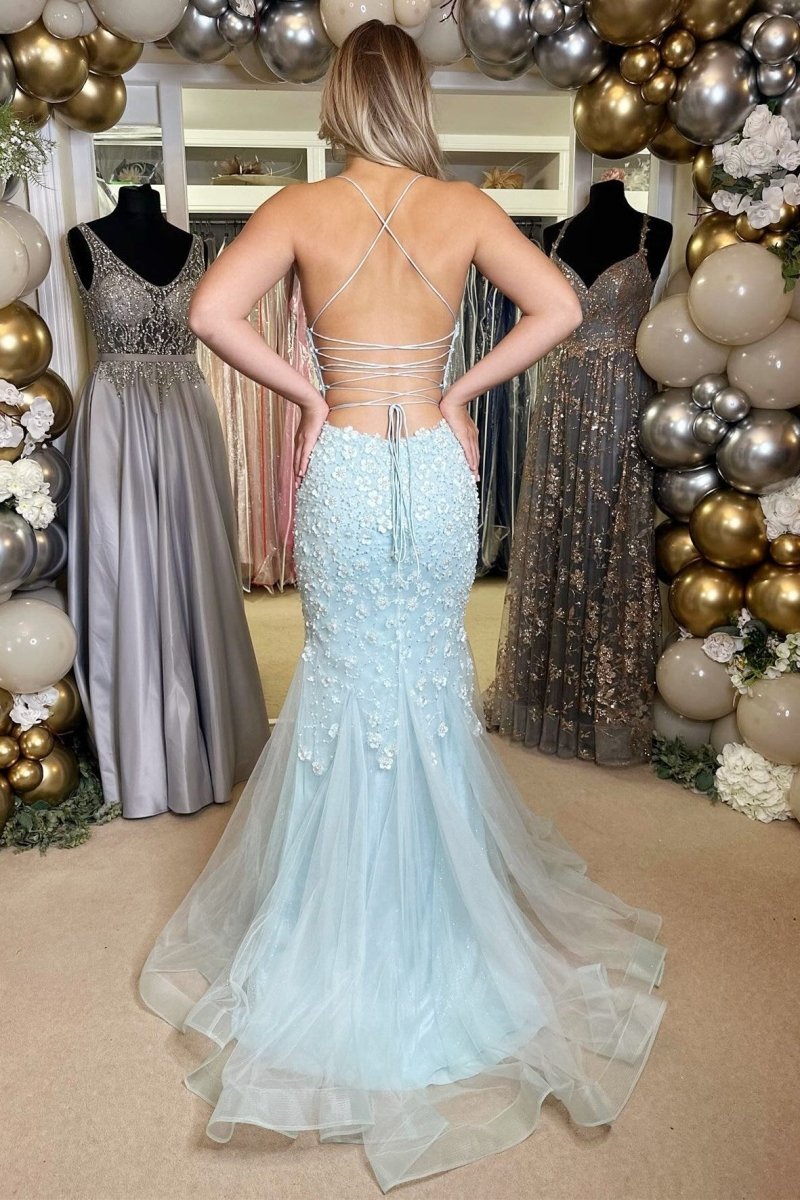 Vada | Light Blue Floral Appliques V - Neck Lace - Up Long Gown - KissProm