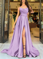 Mell | A Line Black Strapless Satin Prom Dresses With Slit - KissProm