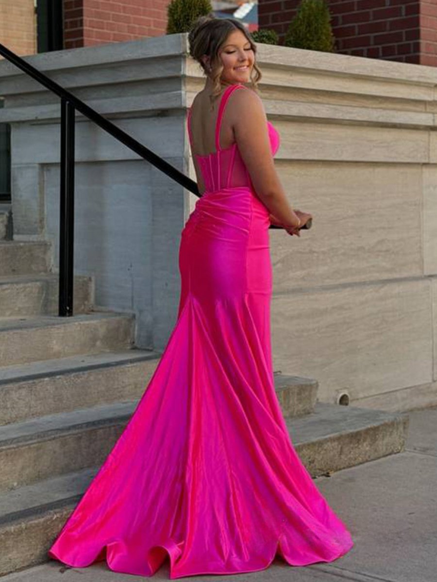 Melo | Straps Hot Pink Pleated Mermaid Prom Dress with Slit - KissProm