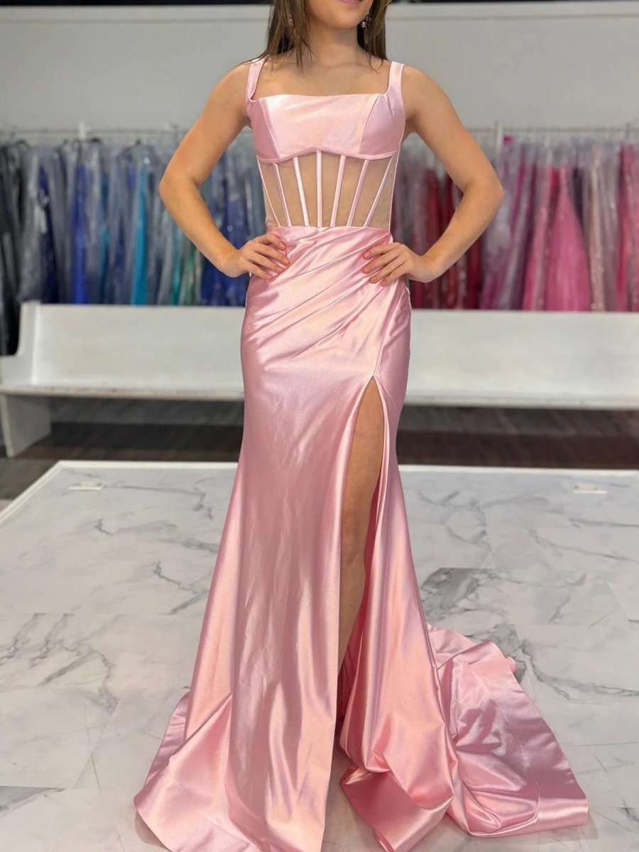 Melo | Straps Hot Pink Pleated Mermaid Prom Dress with Slit - KissProm