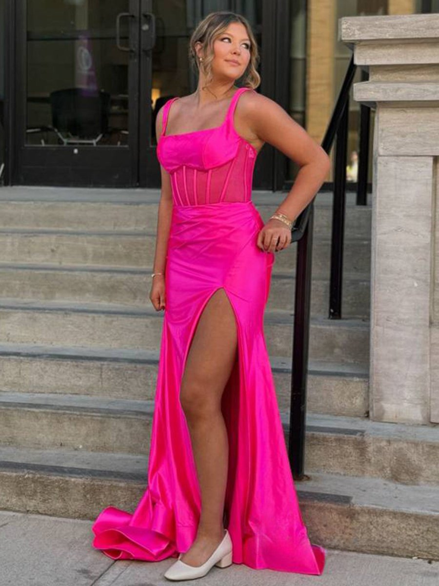 Melo | Straps Hot Pink Pleated Mermaid Prom Dress with Slit - KissProm