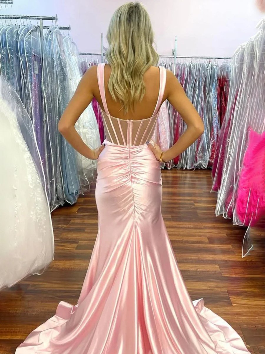 Melo | Straps Hot Pink Pleated Mermaid Prom Dress with Slit - KissProm