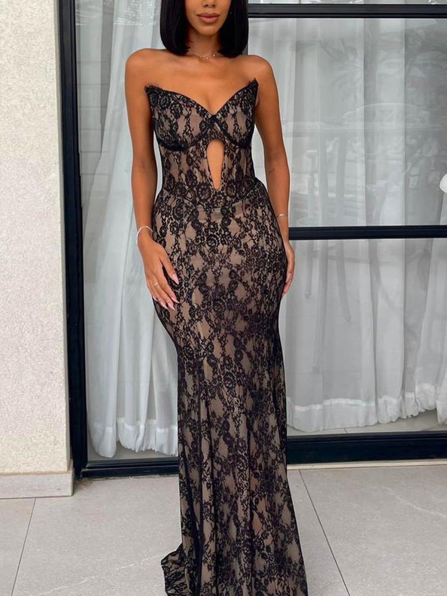 Merlia | Black Strapless V - Neck Sleeveless Lace Mermaid Prom Dress - KissProm