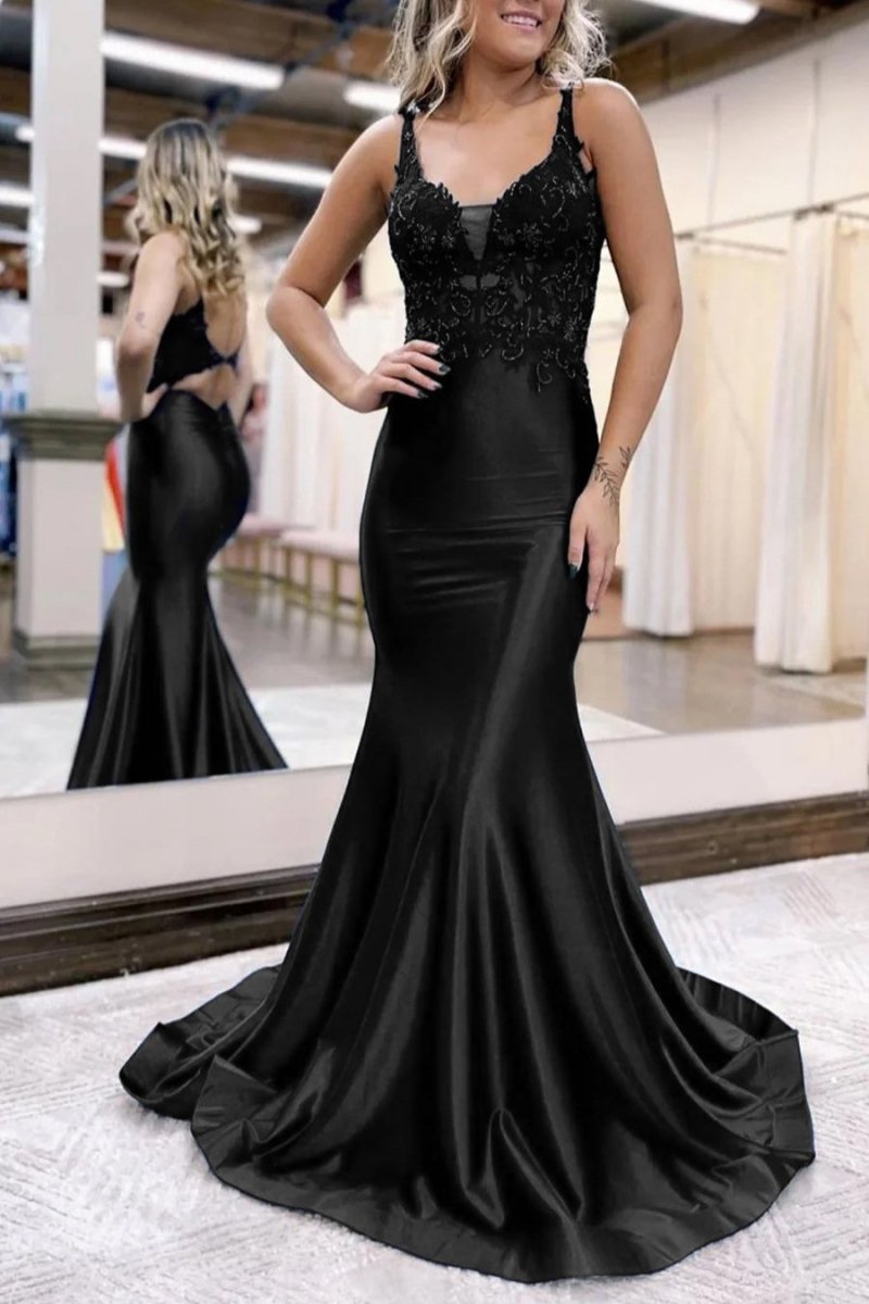 Leila |Mermaid Deep V Neck Satin Long Prom Dress with Appliques - KissProm