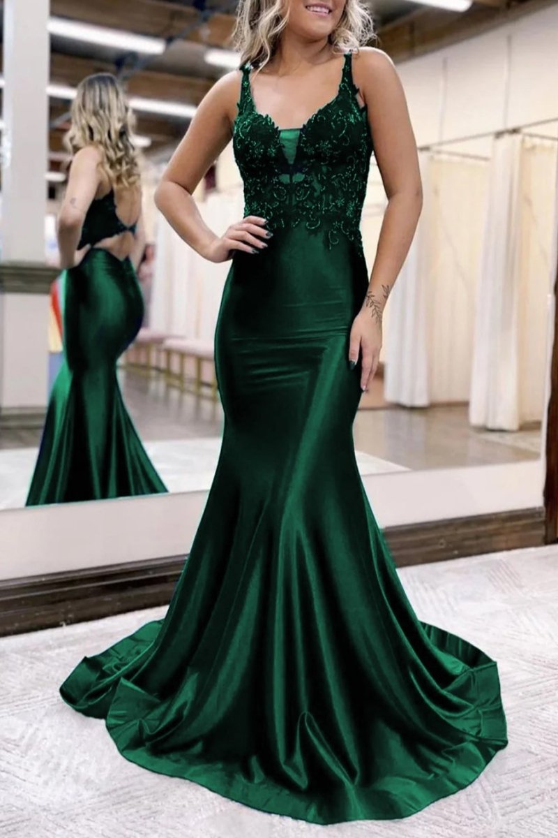 Leila |Mermaid Deep V Neck Satin Long Prom Dress with Appliques - KissProm