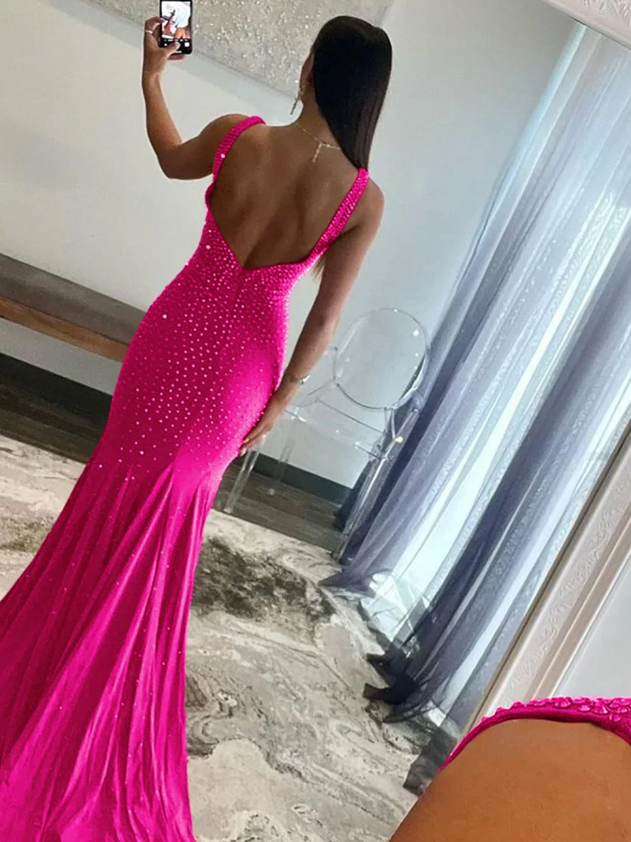 Molly | Mermaid Deep V - Neck Beaded Satin Long Prom Dress - KissProm