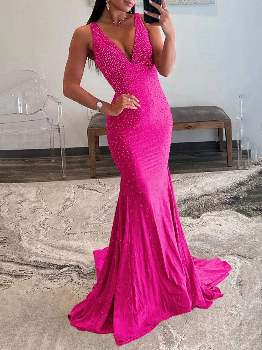 Molly | Mermaid Deep V - Neck Beaded Satin Long Prom Dress - KissProm