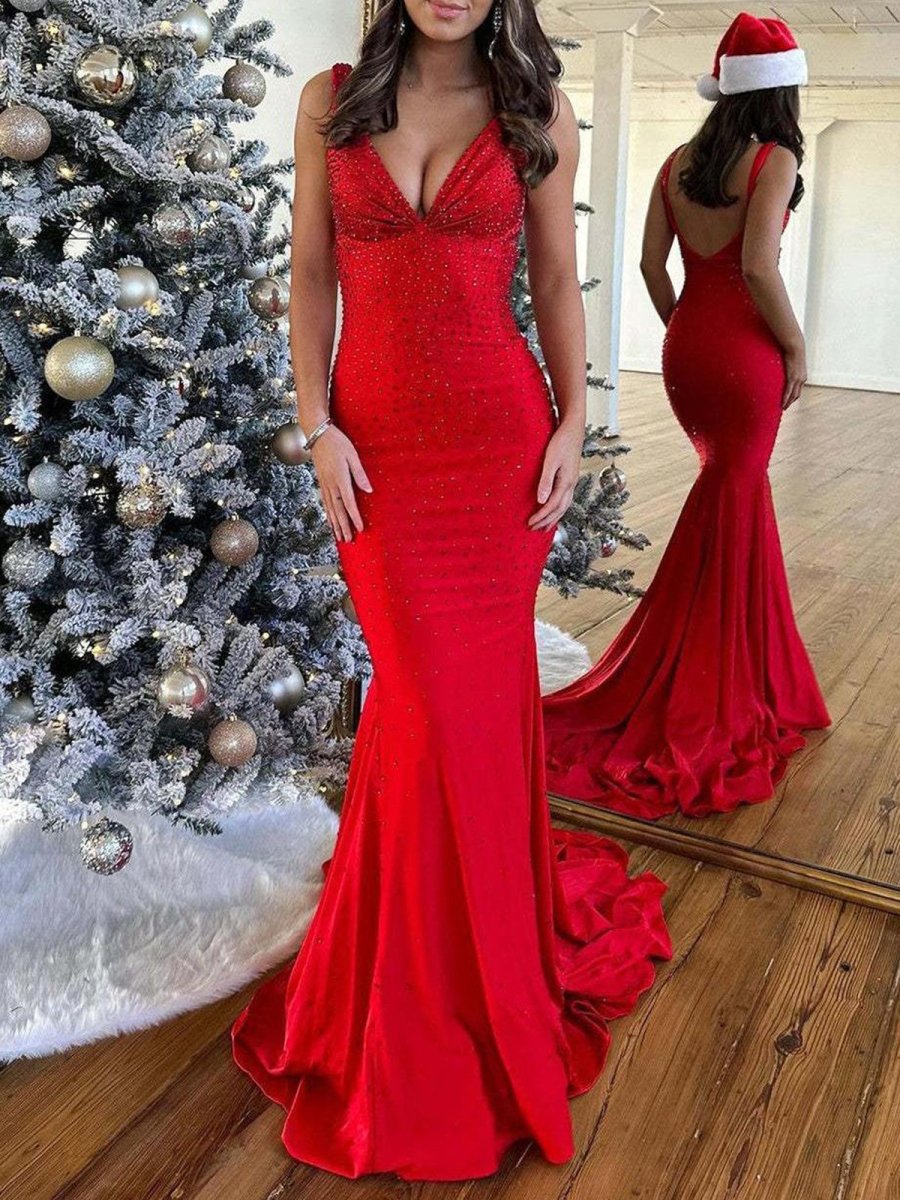 Molly | Mermaid Deep V - Neck Beaded Satin Long Prom Dress - KissProm