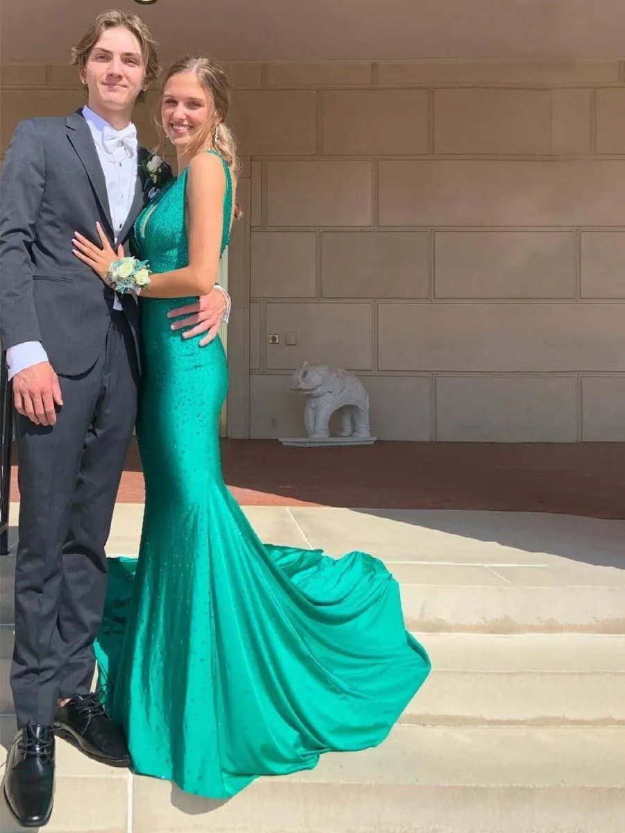 Molly | Mermaid Deep V - Neck Beaded Satin Long Prom Dress - KissProm