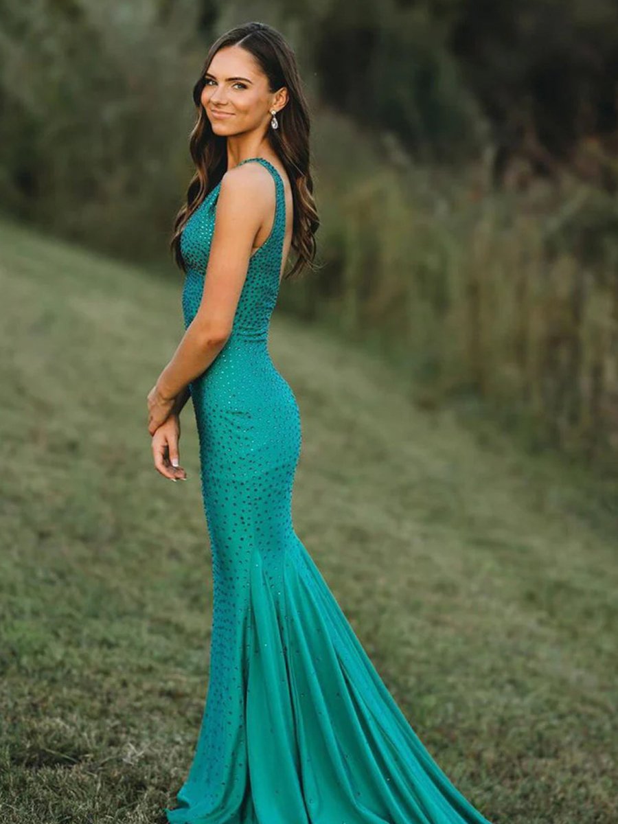 Molly | Mermaid Deep V - Neck Beaded Satin Long Prom Dress - KissProm