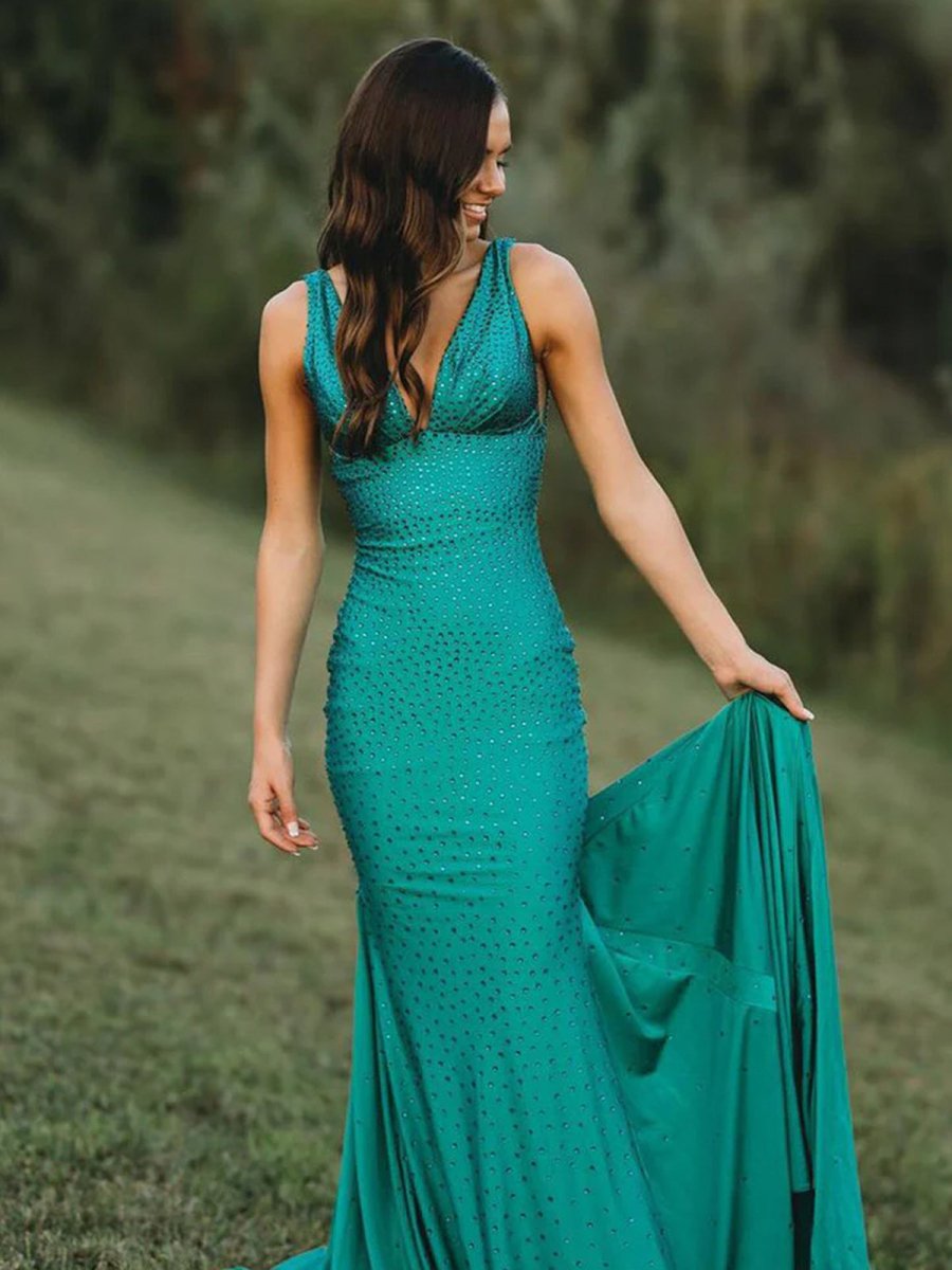 Molly | Mermaid Deep V - Neck Beaded Satin Long Prom Dress - KissProm