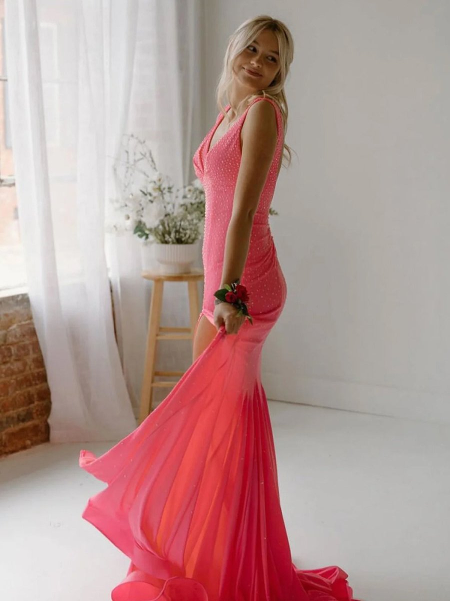 Molly | Mermaid Deep V - Neck Beaded Satin Long Prom Dress - KissProm