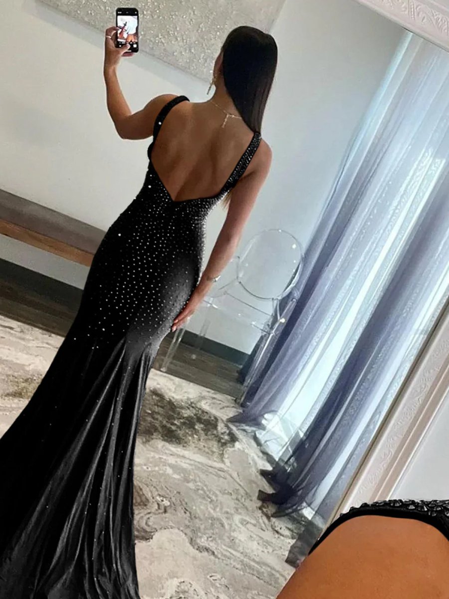 Molly | Mermaid Deep V - Neck Beaded Satin Long Prom Dress - KissProm