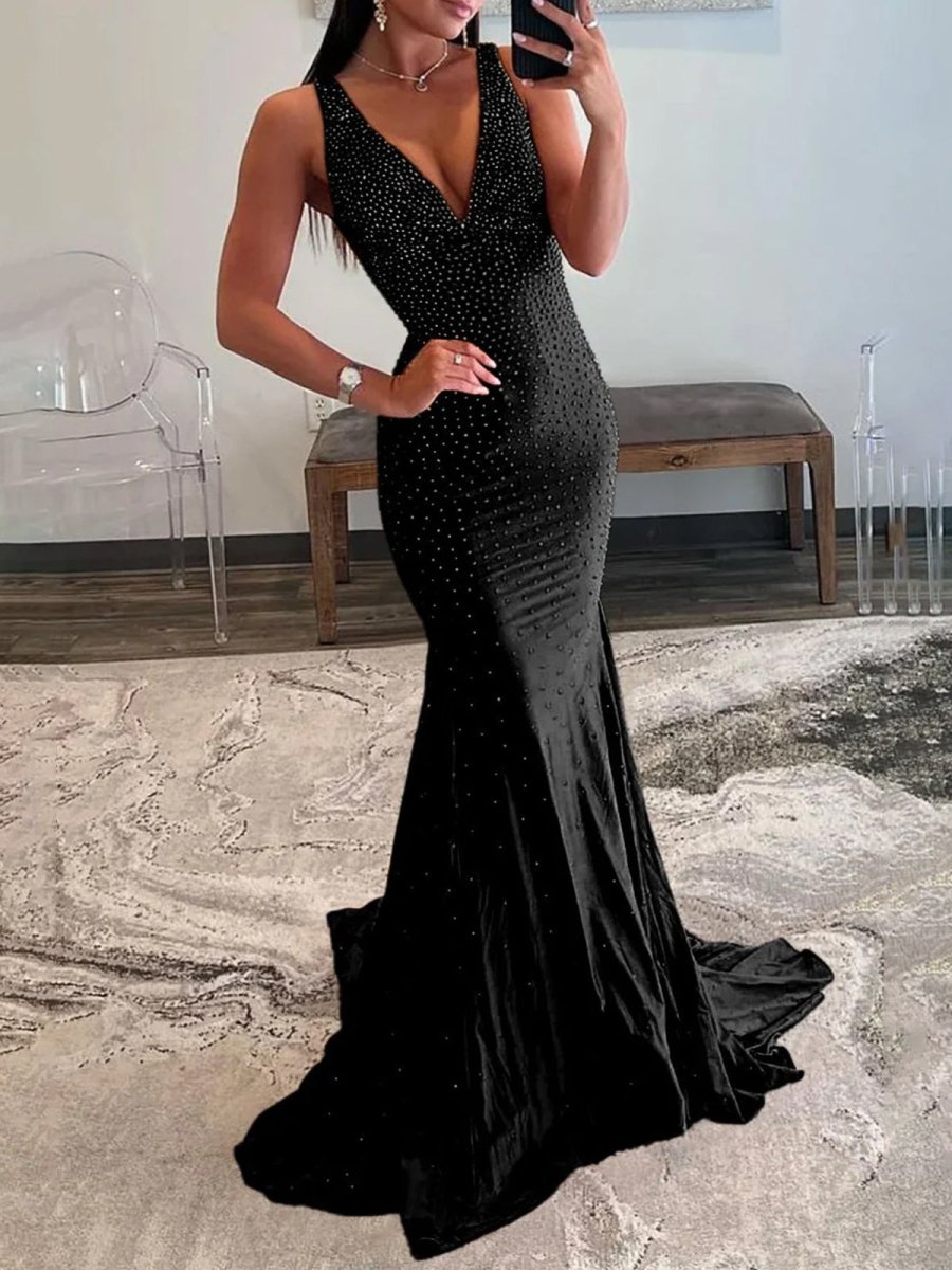 Molly | Mermaid Deep V - Neck Beaded Satin Long Prom Dress - KissProm