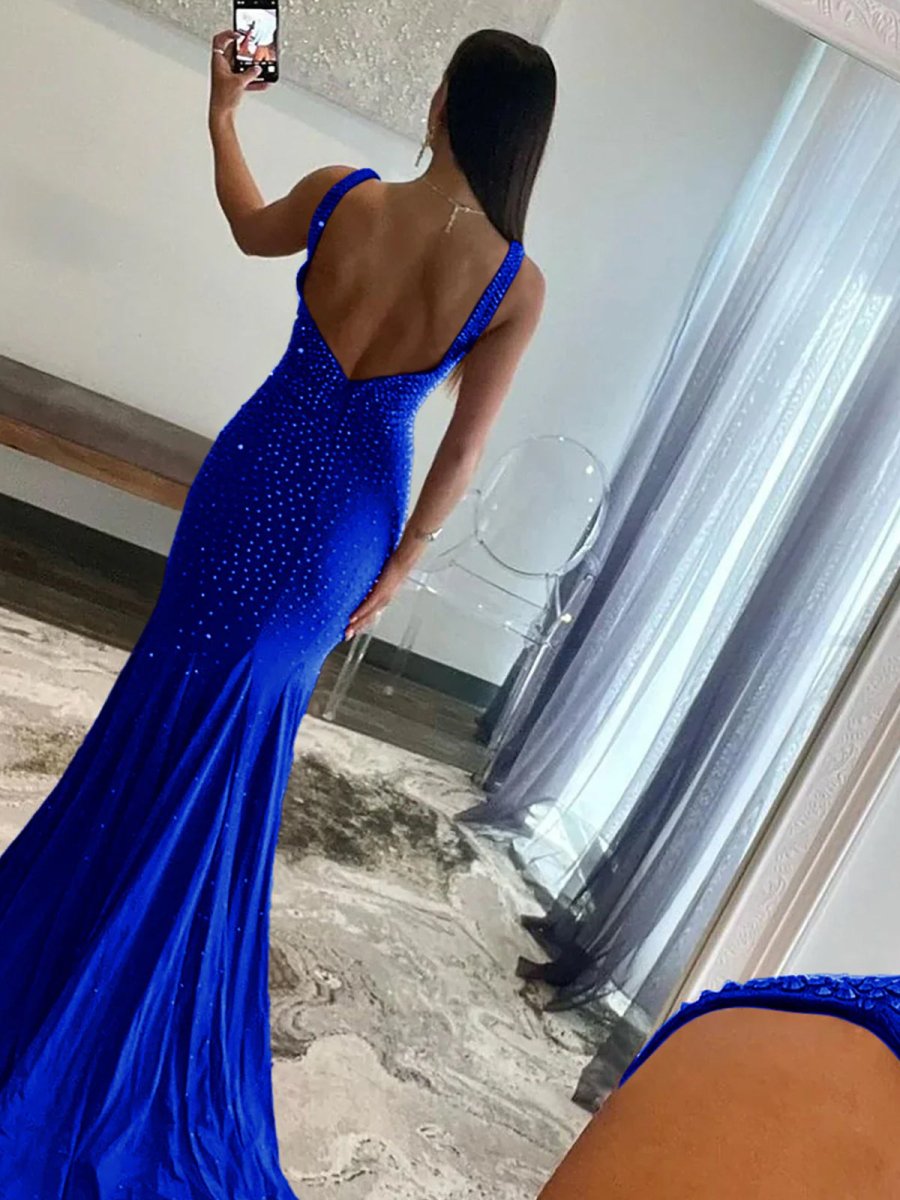 Molly | Mermaid Deep V - Neck Beaded Satin Long Prom Dress - KissProm